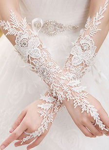 White Wedding gants dentelle Fingerless fleur perlée Hallow Out coude gants de mariée longueur avec 
