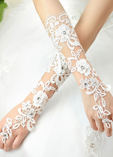 Mariage dentelle Gants Mitaines perles blanches Flowesr ruban Hallow Out coude gants de mariée longu