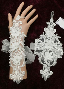 Mariage dentelle Gants Mitaines fleurs 3D blanc perlé Organza Ribbon Bow milieu gants de mariée long