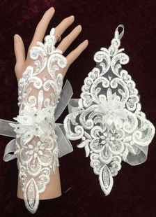Mariage Fingerless gants dentelle blanche perles appliques fleurs mi longueur gants de mariée avec O