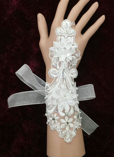 3D fleurs Organza Ribbon Bow milieu gants de mariée longueur de perles dentelle mariage blanc gants 