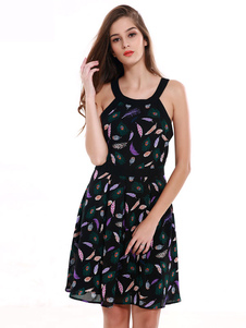 Patineuse imprimée sans manches robe robe à fleurs en mousseline de soie courte femmes noire