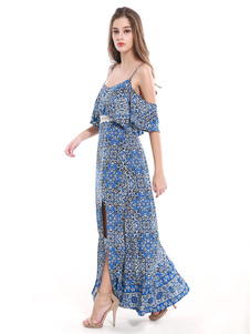 Boho maxi robe Floral impression froide épaule bleu féminin dos croisé Split robe longue