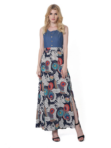 Sans manches Denim Patchwork dos Illusion floral robe Maxi féminin longue robe imprimée