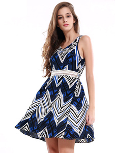 Skater bleu robe motif géométrique V sans manches cou robe d’été