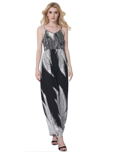 Robe longue de noir Maxi robe chasuble sans manches coton imprimé