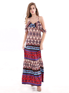 Multicolore imprimé Strappy froid épaule manches courtes Boho Maxi robe féminine Cross robe longue d