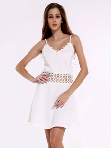 Dentelle blanche robe d’été coupé robe bretelles dos-nu pour femmes