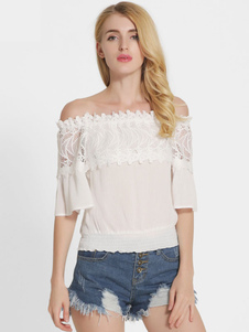 Coton blanc Blouse dentelle au large de l’épaule Short Sleeve Shirring Top féminin