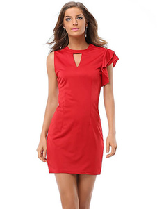 Volant manche asymétrique Keyhole gaine courte robe Bodycon rouge robe féminine