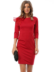 Robe Bodycon rouge ronde cou Half Sleeve Slim Fit fourreau avec Bow