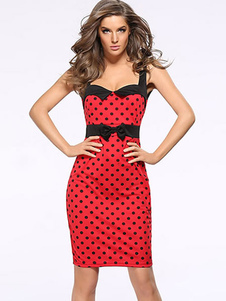 Sweetheart chasuble sans manches à pois robe Vintage rouge féminin Slim Fit Bodycon Dress