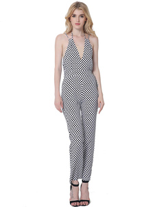 Sexy combinaison blanche V Neck Strappy pois sans manches dos nu jambe droite Jumpsuit
