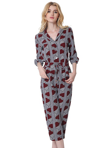 Combinaison gris col Turndown 3/4 longueur manches des femmes coton Combi-pantalon imprimé