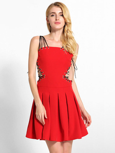 Skater rouge robe côté lacets sans manches Multi Strap Bandage plissé robes courtes femmes