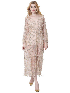 Paillettes manches longues franges Semi pure Maxi robe robe longue V cou Split robe féminine en abri