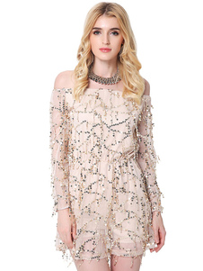 Paillettes robe blanche féminines au large de l’épaule manches longues robe courte d’Illusion avec d