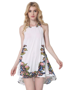 Maj des femmes robe dentelle sans manches impression florale bleue lâche robe d’été