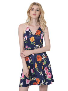 Croisée dos Skater floral robe sans manches imprimé féminin plissé robe de glissement courte