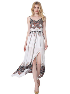 Mousseline de soie robe Maxi féminin imprimé robe sans manches Long Slip haute Split