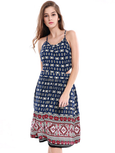 Bleu profond chasuble sans manches découpe Boho robe femme été robe patineuse imprimée