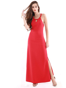 Robe longue robe Maxi rouge Halter col rond sans manches fente pour femmes