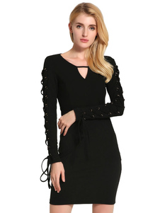 Lacets Bodycon Dress femmes noires manches longues Keyhole fourreau
