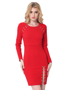 Robe Bodycon rouge tour de cou à manches longues dentelle robe gaine Slim Fit coton