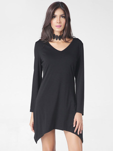 Maj noir V cou manches longues asymétrique coton mélange T Shirt robe