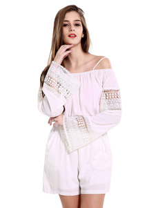Blanches Jumpsuit femmes Strappy hors de l’épaule manches longues jambe droite coton barboteuse