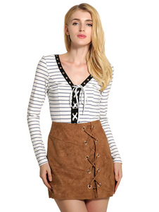 Coton Ecru Body blanc femmes rayé col V manches longues lacets Body