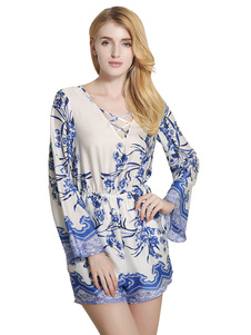 Bleu combinaison V cou manches longues féminin imprimé coton jambe lâche barboteuse