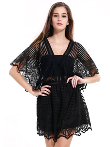 Barboteuse noir dentelle V cou court Batwing manches semi Sheer Loose jambe Jumpsuit féminines