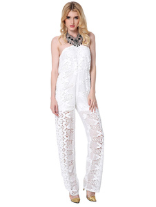 Jumpsuit blanc Dentelle bretelles sans manches semi Sheer Straight Leg Jumpsuit pour femmes