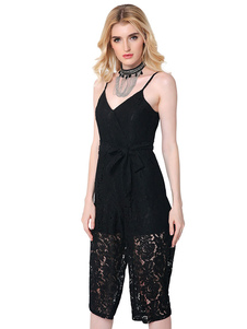 Dentelle noire Jumpsuit chasuble sans manches dos nu recadrée combinaison avec ceinture