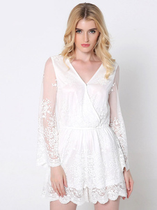 Dentelle V cou manches longues semi Sheer Loose jambe barboteuse blanc Jumpsuit féminin