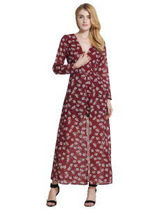 En mousseline de soie Jumpsuit V rouge foncé cou manches longues imprimé barboteuse femmes avec jupe