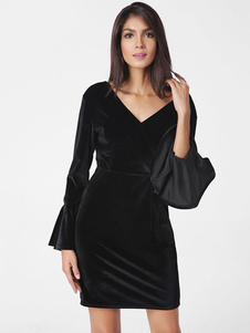 Noir Bodycon Dress V cou Bell manches longues dos nu Slim Fit fourreau