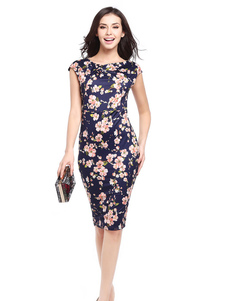 Robe Bodycon marine foncé femmes ronde manches courtes col Floral imprimé robe fourreau Fit Slim