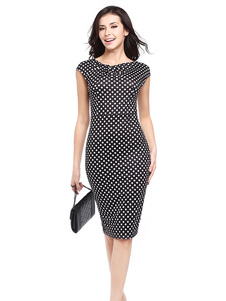 Robe Bodycon noire Vintage col rond manches courtes à pois Slim Fit robe fourreau