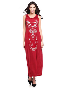 Femmes robe Maxi rouge tour de cou sans manches coton imprimé robe longue