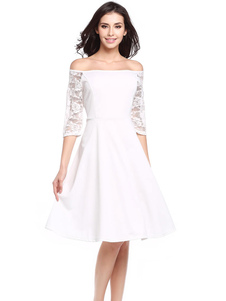Robe patineuse blanc hors de l’épaule dentelle demi manche plissé Flare robe pour femmes