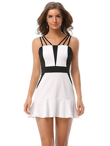 Skater robe deux tons chasuble sans manches volants dos nu coton Flare des femmes