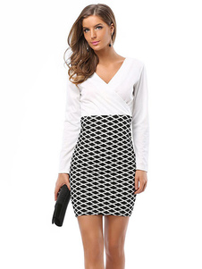 Robe Bodycon deux ton Patchwork V cou manches longues Slim Fit fourreau femmes