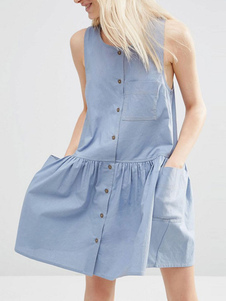 Robe d’été bleu clair femmes ronde robe patineuse plissée sans manches encolure avec poche