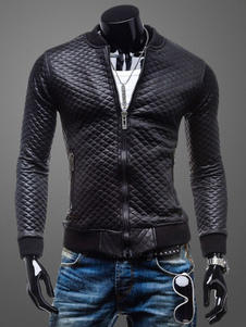 Matelassé manches longues PU cuir Zip pour hommes veste noire Up Jacket