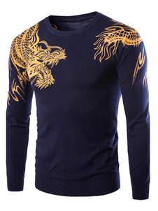 Pullover Sweater Dragon hommes imprimé manches longues tour col chandail tricot occasionnels