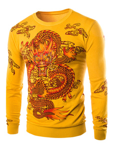 Dragon chandail jaune hommes imprimé Long manches col tricot chandail