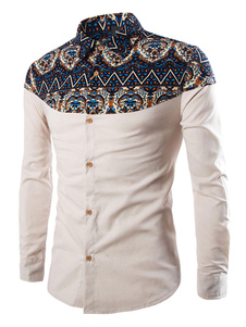 Chemises blanches manches longues impression ethnique coton chemises sport hommes