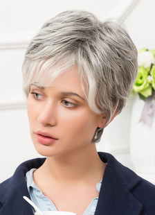 Perruques de cheveux humains côté gris argenté Bang couches perruques cheveux courts pour femmes